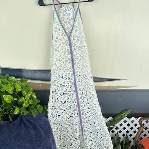Pitusa White Lace Dress with Purple and Blue Trim